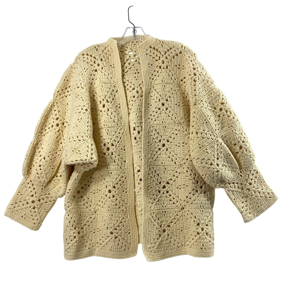 Vtg Handmade Cardigan Women XL Cream Crochet Granny Square Boho Sweater Layer